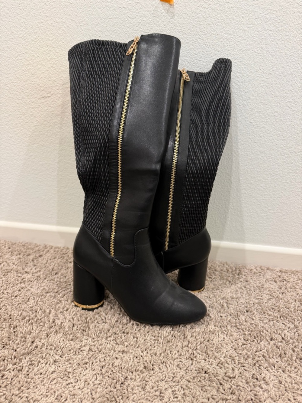 London Fog Black Knee-High Block Heel Boots with Gold Zippers